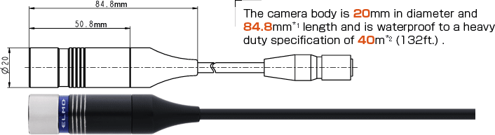 The camera body is 20mm in diameter and 84.8mm   length and is waterproof to a heavy duty specification of 40m(132ft.).